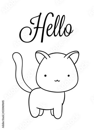 Coloring pages, black and white cute hand drawn cat doodle, lettering hello