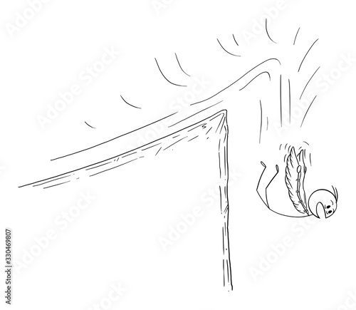 Vector cartoon stick figure drawing conceptual illustration of man or businessman trying to fly with wings but falling off a cliff. Business concept of success and failure.