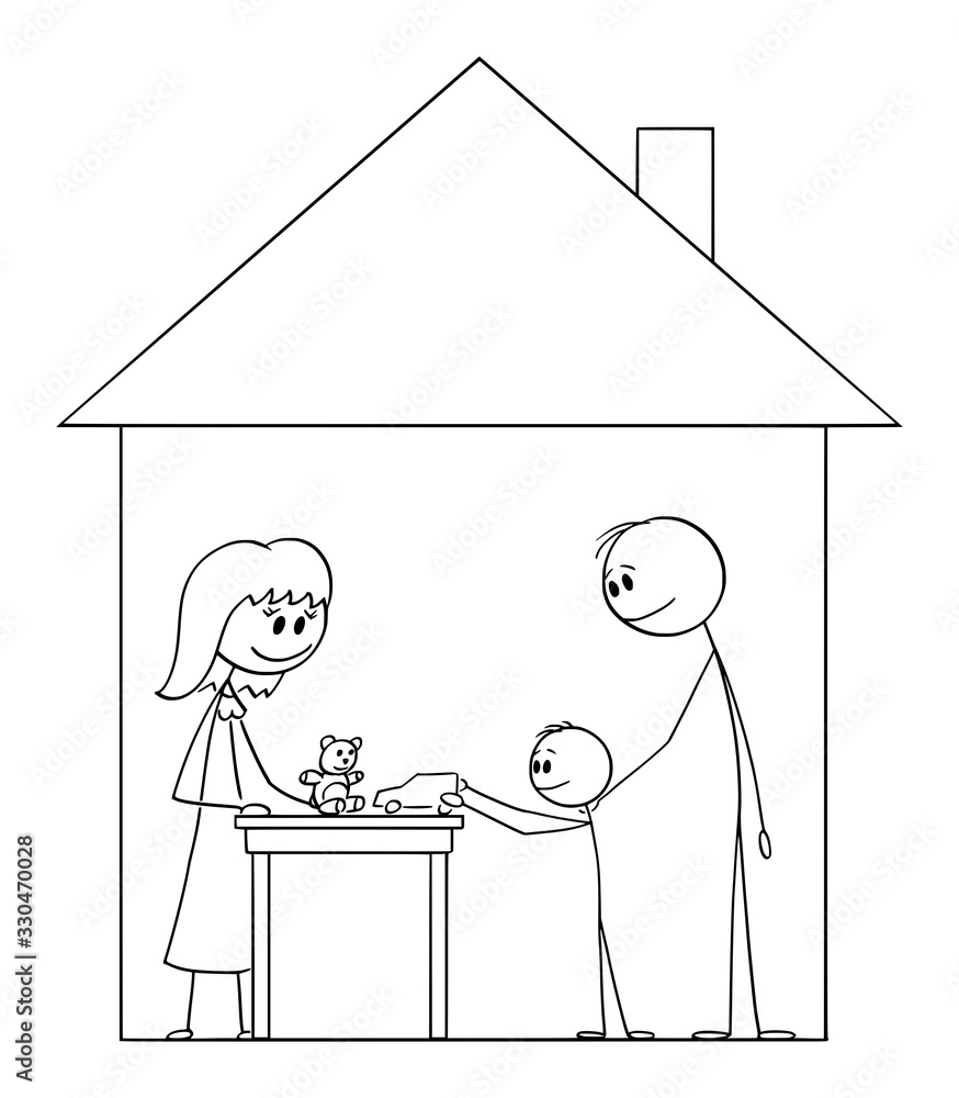 Vector cartoon stick figure drawing conceptual illustration of happy family of mother, father and child living inside family house. Vector cartoon stick figure drawing conceptual illustration of happy family of mother, father and child living inside family house.