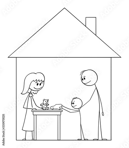 Vector cartoon stick figure drawing conceptual illustration of happy family of mother, father and child living inside family house.
