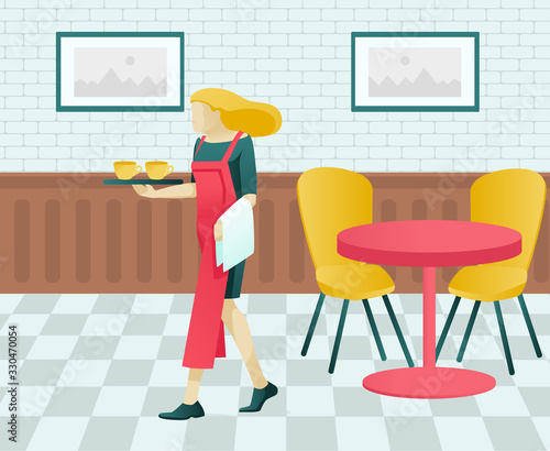 Cartoon Waitress Character in Red Aprone Carrying Tray with Cups. Woman in Uniform Clearing Table after Visitors, Taking Away Empty Dishes. Cafe, Fast Food Cafeteria Interior. Vector Flat Illustration