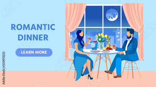 Bright Banner, Romantic Dinner Couple Appartment. Man and Woman Spend Time Together at Home. They are Date at Festive Table, on Fruits, Wine, Bouquet Flowers in Vase. Outside Window City.