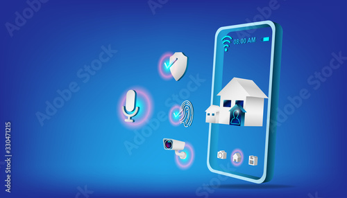 Smart home technology concept. Isometric smartphone and house with iot wireless icons electronics on blue background. Vector illustration in 3d style.
