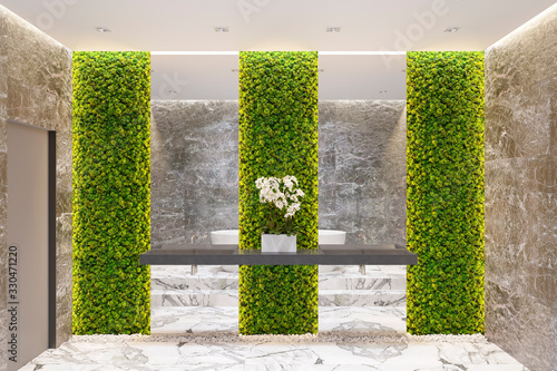 The interior of a dark marble bath with a washbasin near the mirrors, an illuminated moss wall, white orchid, a light marble floor, and a backlit ceiling. Front view. 3d render