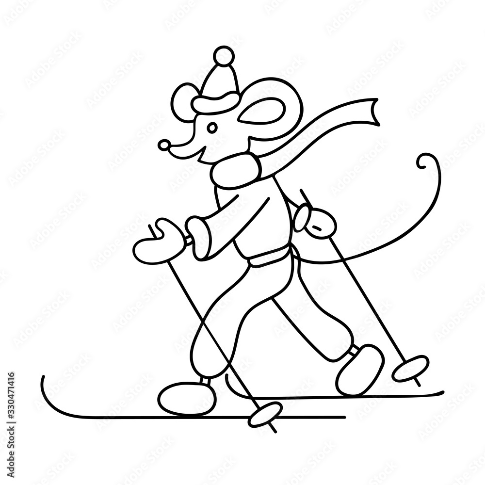 The mouse is skiing in winter clothes. Handwork. Character. Line drawing. Symbol of the new year 2020.