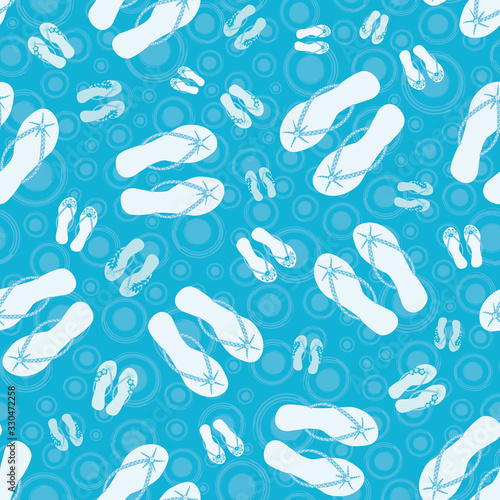 Flip flop shoe seamless vector pattern background. Pretty sandals with tropical flower decoration beach wedding backdrop. Monochrome ocean blue. All over print for honeymoon, vacation resort concept