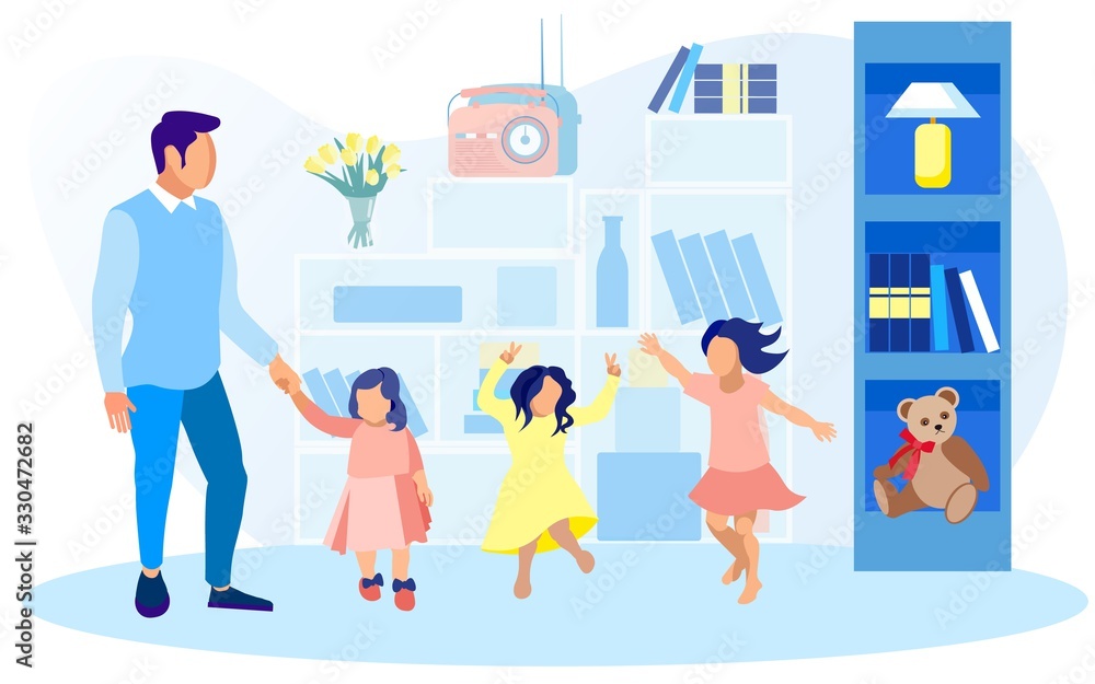 Young Father Holding Hands with His Daughter Toddler. Two Girls, Sisters or Friends, Fooling Around, Dancing and Jumping High in Spacious Nursery with Shelving, Night Lamp and Soft Teddy Bear. Young Father Holding Hands with His Daughter Toddler. Two Girls, Sisters or Friends, Fooling Around, Dancing and Jumping High in Spacious Nursery with Shelving, Night Lamp and Soft Teddy Bear.