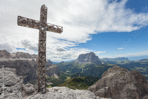 Wide view from the Grande Cir mount towards the Val Gardena area in Dolomites