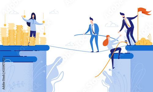 Professional Advancement Stages Conceptual Illustration. From Trainee, Trying Hard to Climb Hill and Businessman, Balancing on Tightrope, Striving for Success, to Well to Do and Confident Top Pro.