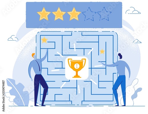 Hard Entangled Way for Positive Social Feedback Metaphor. Cartoon Men Competitors and Huge Abstract Square Maze Getting Stars Rating. Competition for Prize Trophy Cup. Vector Illustration