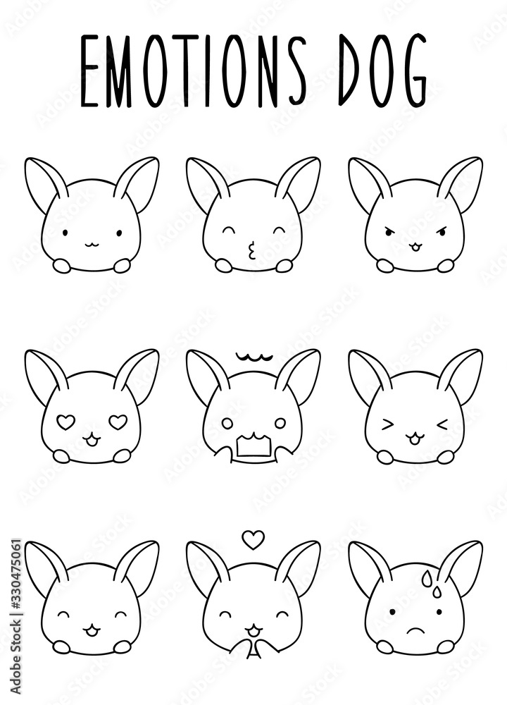 Coloring pages, black and white cute hand drawn emotion dog doodles, isolated
