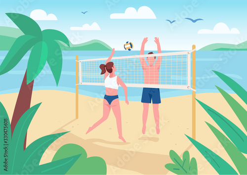 Man and woman playing beach volleyball flat color vector illustration. Active summer leisure. Sport game players 2D cartoon characters with tropical sand beach and sea on background