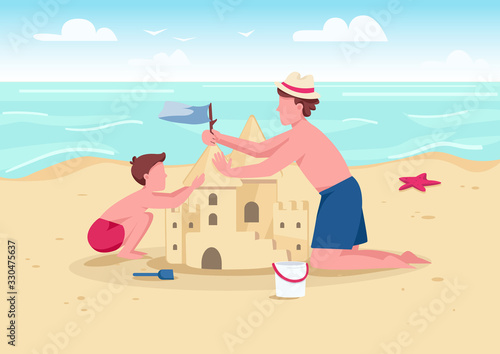 Beach family activity flat color vector illustration. Parent and kid summer entertainment. Father and son building sandcastle 2D cartoon characters with sand beach and sea on background