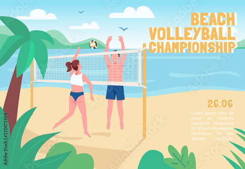 Beach volleyball championship banner flat vector template. Brochure, poster concept design with cartoon characters. Summertime active recreation horizontal flyer, leaflet with place for text