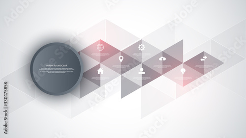 Information technology with infographic elements and flat icons. Abstract background with connecting dots and lines. Global network connection, digital technology and communication concept.