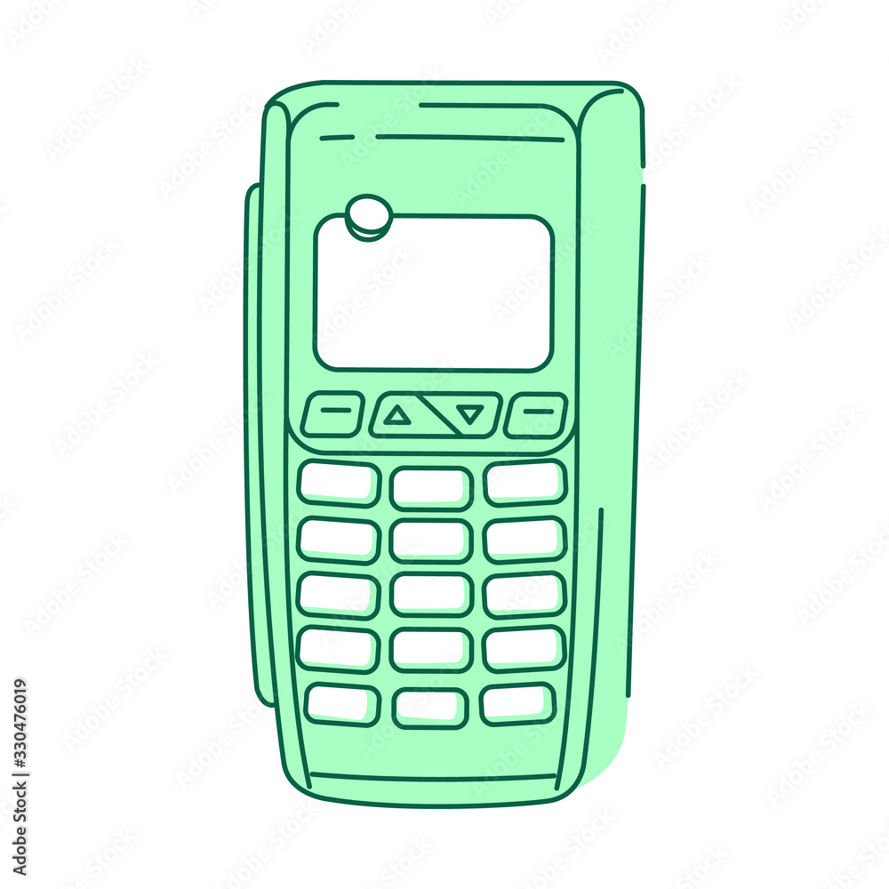 NFC device, payment terminal green linear object. Credit card scanning device thin line symbol. E-payment system, electronic scanner isolated outline illustration on white background NFC device, payment terminal green linear object. Credit card scanning device thin line symbol. E-payment system, electronic scanner isolated outline illustration on white background