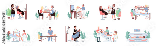 Beauty salon flat color vector characters set. Hairdresser with client. Beautician doing manicure. Make up artist. Cosmetic treatment procedures isolated cartoon illustrations on white background