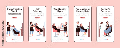 Hairdressing salon onboarding mobile app screen flat vector template. Barber shop service. Walkthrough website steps with characters. UX, UI, GUI smartphone cartoon interface, case prints set