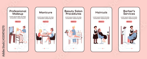 Beauty salon onboarding mobile app screen flat vector template. Professional make up. Walkthrough website steps with characters. UX, UI, GUI smartphone cartoon interface, case prints set