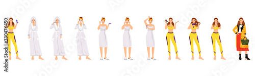 Woman morning routine flat color vector characters set. Face, body and hair daily procedures isolated cartoon illustrations on white background. Girl cleansing face, doing make up, styling hair