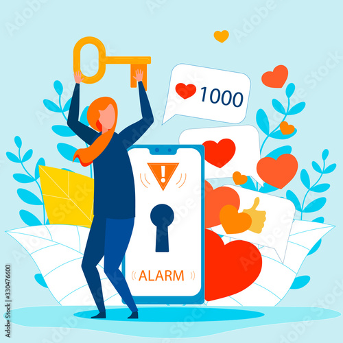Cartoon Female Thief Holds Key from Network Account. Stolen Access on Smartphone. Cybercrime and Hacking. Steal Customers in SMM. Flat Phone with Alarm Signal. Social Media Icons. Vector Illustration