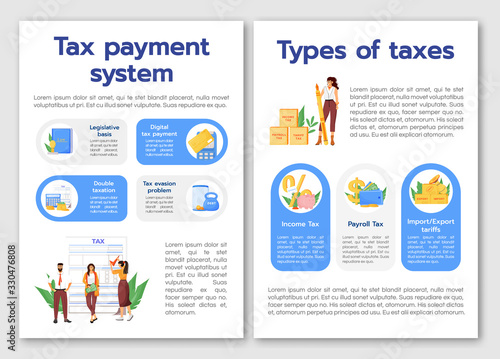 Tax payment system flat vector brochure template. Taxes types flyer, booklet, printable leaflet design. Financial literacy magazine page, cartoon annual reports, infographic posters with text space