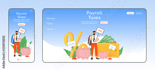 Payroll taxes adaptive landing page flat color vector template. Taxation policy mobile and PC homepage layout. Taxes types one page website UI. Workers legal obligation webpage cross platform design