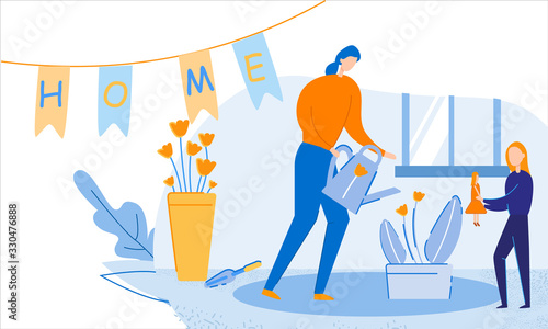 Mother and Daughter Doing Home Work and Playing Together. Woman Watering Plants, Little Girl Play with Doll. Happy Family Spare Time and Household Activities. Cartoon Flat Vector Illustration, Banner