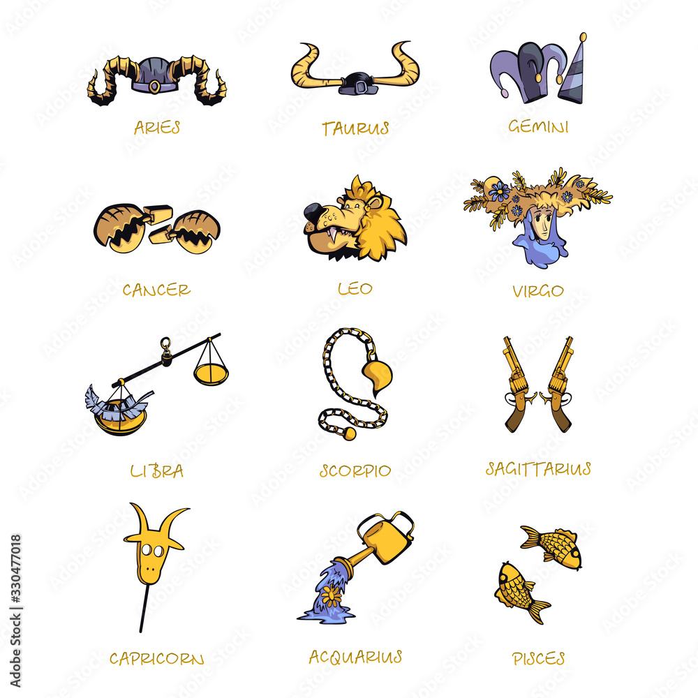 Twelve zodiac signs accessories flat cartoon vector illustrations set