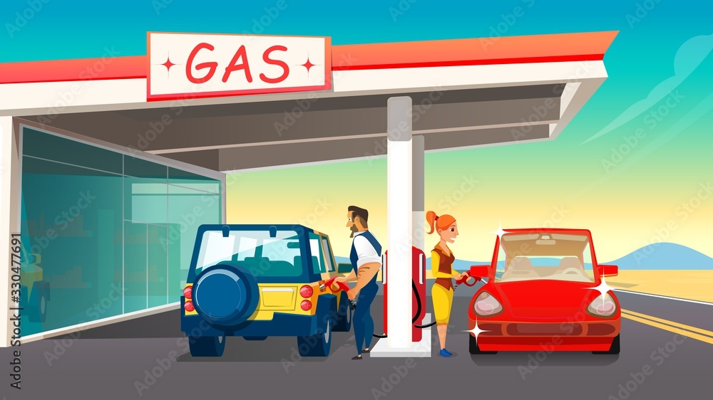 Vetor de Gas Station and Cartoon Car Owner Characters Fill up Full Tank with Fuel. Man and Woman