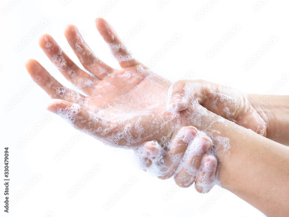 Man hands washing by soap with water for prevention corona virus, bacteria and germ, health care concept.