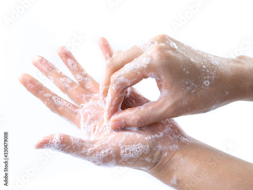 Man hands washing by soap with water for prevention corona virus  bacteria and germ  health care concept.