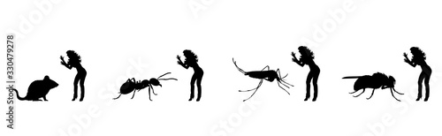 Vector silhouette of set of woman who cry at insect on white background. Symbol of fear of insect.
