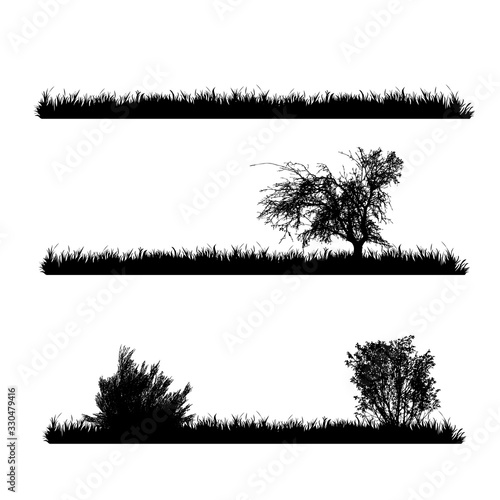 Set of vector silhouette of meadow with tree on white background. Symbol of nature with grass.