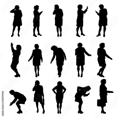 Set of vector silhouette of obese women on white background. Symbol of elderly lady in different pose.