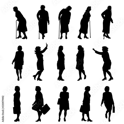 Set of vector silhouette of obese women on white background. Symbol of elderly lady in different pose.