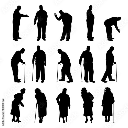 Set of vector silhouette of obese women and men on white background. Symbol of elderly lady in different pose.