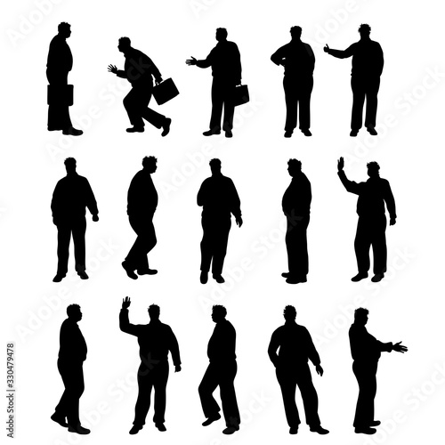 Set of vector silhouette of obese men on white background. Symbol of elderly people in different pose.