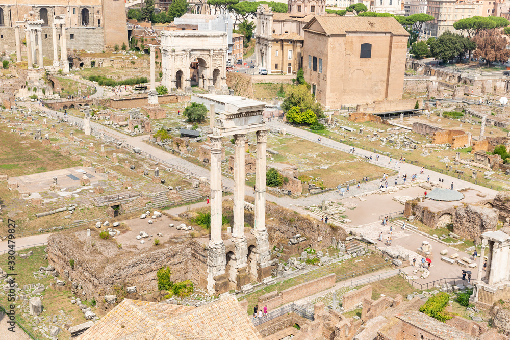 a view over the Roman Forum and the temple of Castor and Pollux in the foreground, Rome, Lazio, Italy