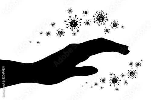 Vector silhouette of hand contaminated with bacteria on white background. Symbol of disease and coronavirus.