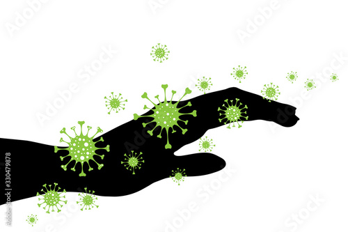 Vector silhouette of hand contaminated with bacteria on white background. Symbol of disease and coronavirus.