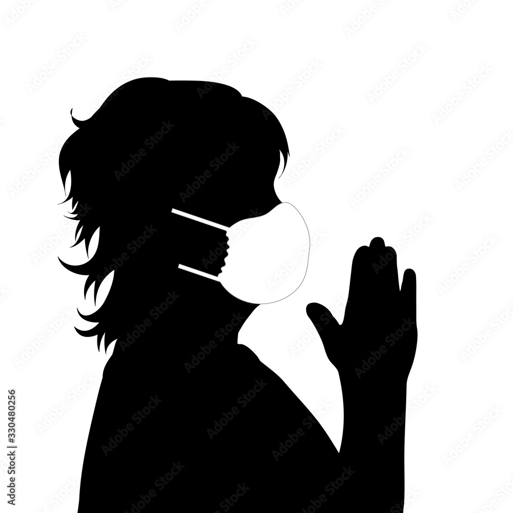 Vector silhouette of anonymous woman is praying with medical mask on white background. Symbol of healthy and sick. Danger of coronavirus.
