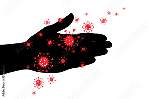 Vector silhouette of hand contaminated with bacteria in contact on white background. Symbol of disease and coronavirus.