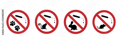 Collection of vector silhouette of no testing on animal mark with injection. Sign of protection laboratory creatures.