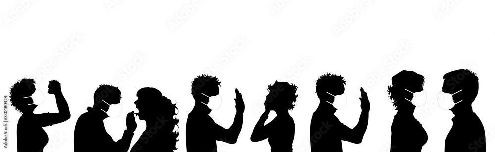 Collection of vector silhouette of anonymous people with medical mask on white background. Symbol of healthy and sick. Danger of coronavirus.