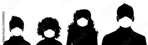 Set of vector silhouette of anonymous people with medical mask on white background. Symbol of healthy and sick. Danger of coronavirus.