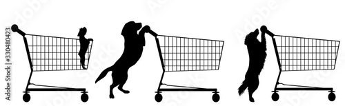 Set of vector silhouette of dog push shopping cart on white background. Symbol of pet shop accessories and sale.