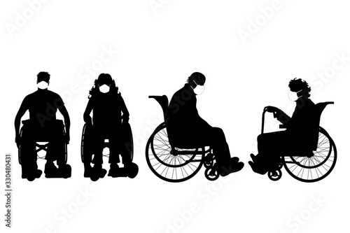 Set of vector silhouette of anonymous couple sitting on wheelchair with medical mask on white background. Symbol of healthy and sick. Danger of coronavirus.