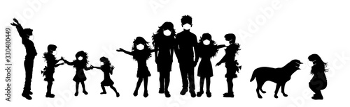 Vector silhouette of anonymous children with medical mask on white background. Symbol of healthy and sick. Danger of coronavirus.