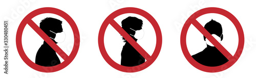 Set of vector silhouette of do not wear medical mask on white background. Symbol of healthy and sick. Protection of identity.